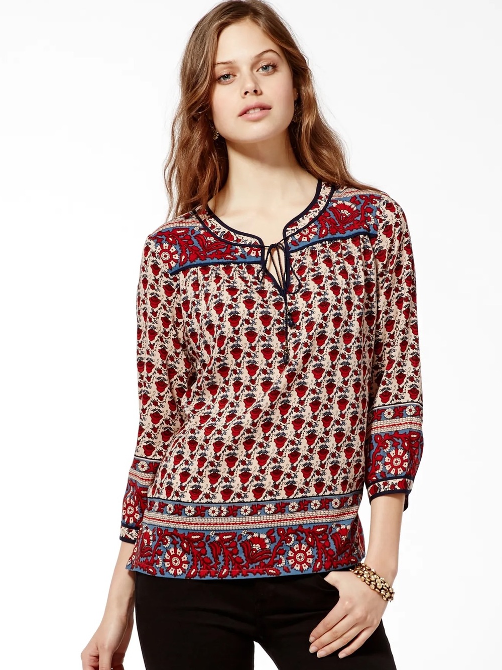 Lucky Brand Floral Paisley Print Betton Indian Gate Top Boho Rayon 3/4 Sleeve XS